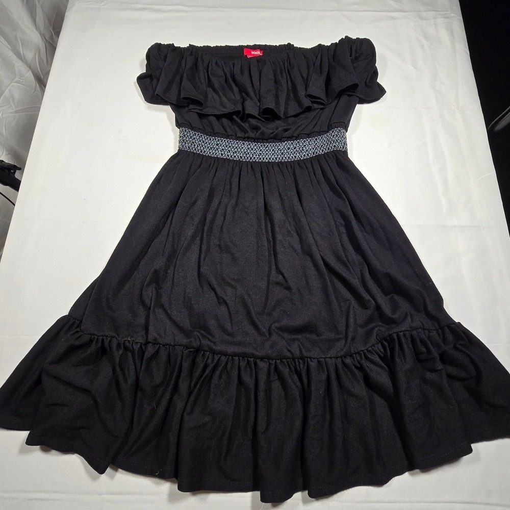 Bongo Womens off shoulder‎ whimsy Ruffle Dress Black Smocked Waist fairy Size M